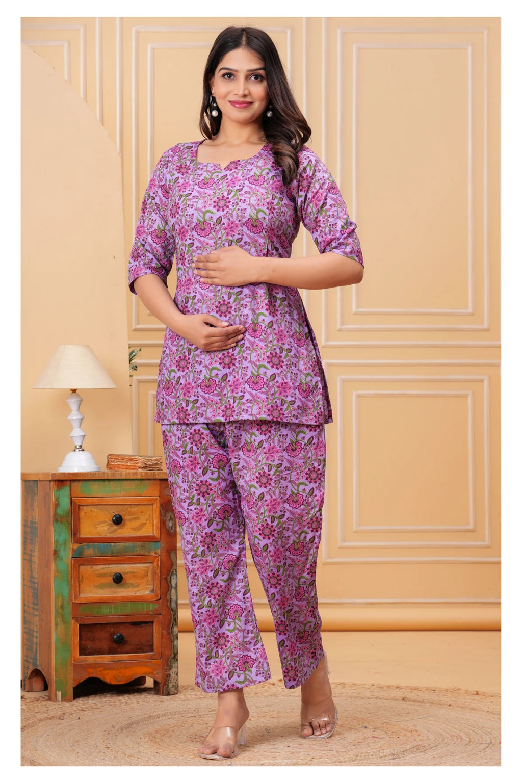 Women’s Maternity Feeding Cord Set | Floral Printed Nursing Co-Ord Set (Purple)