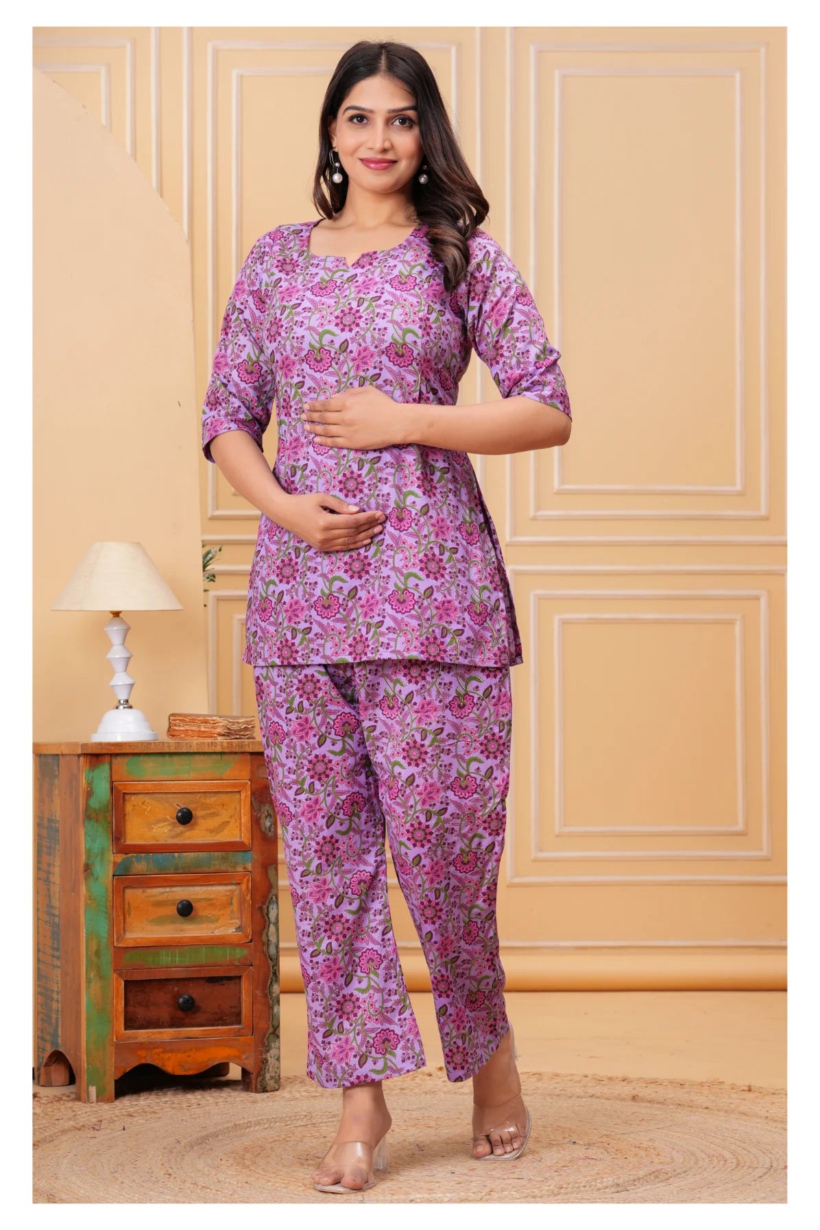 Women’s Maternity Feeding Cord Set | Floral Printed Nursing Co-Ord Set (Purple)