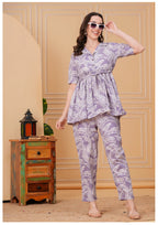 Lavender Floral Printed Cotton Co-Ord Set for Women