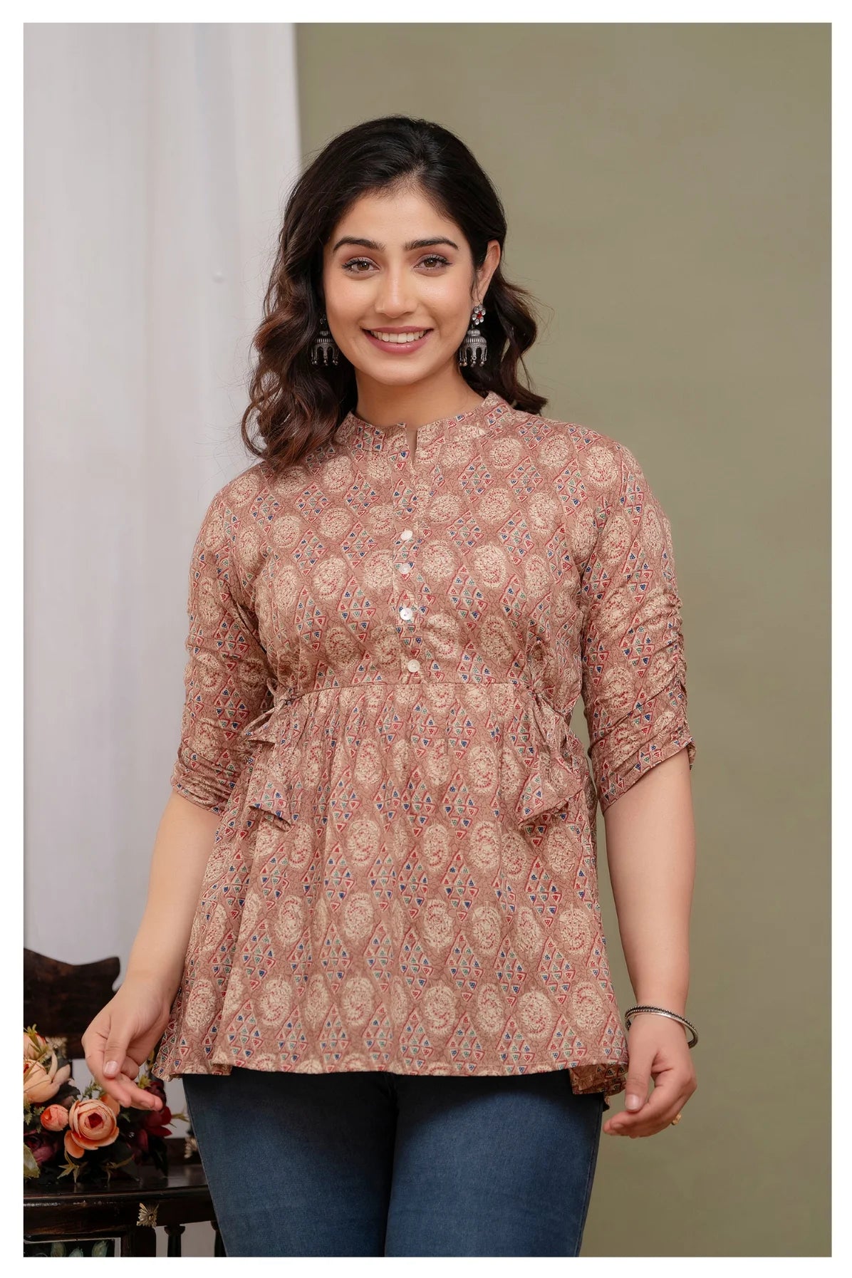 Stylish Brown Cotton Printed Top with Gathered Waist & Button Front