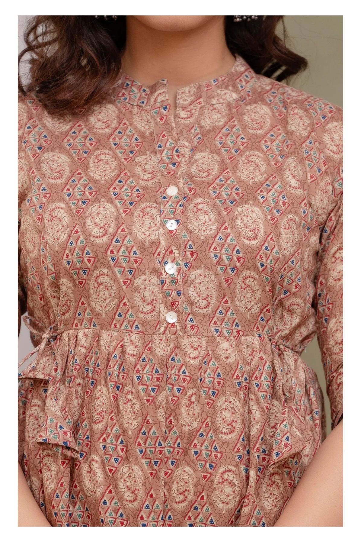 Stylish Brown Cotton Printed Top with Gathered Waist & Button Front