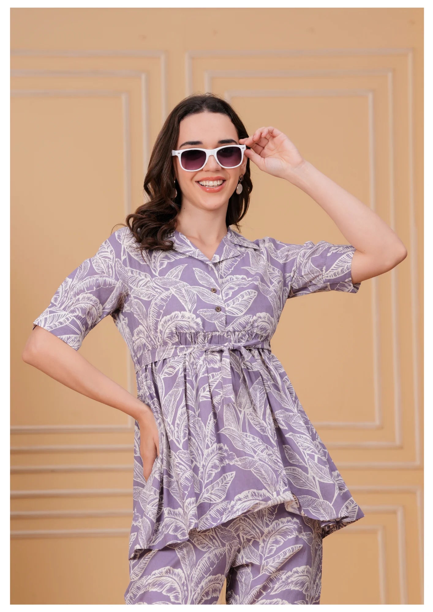 Lavender Floral Printed Cotton Co-Ord Set for Women