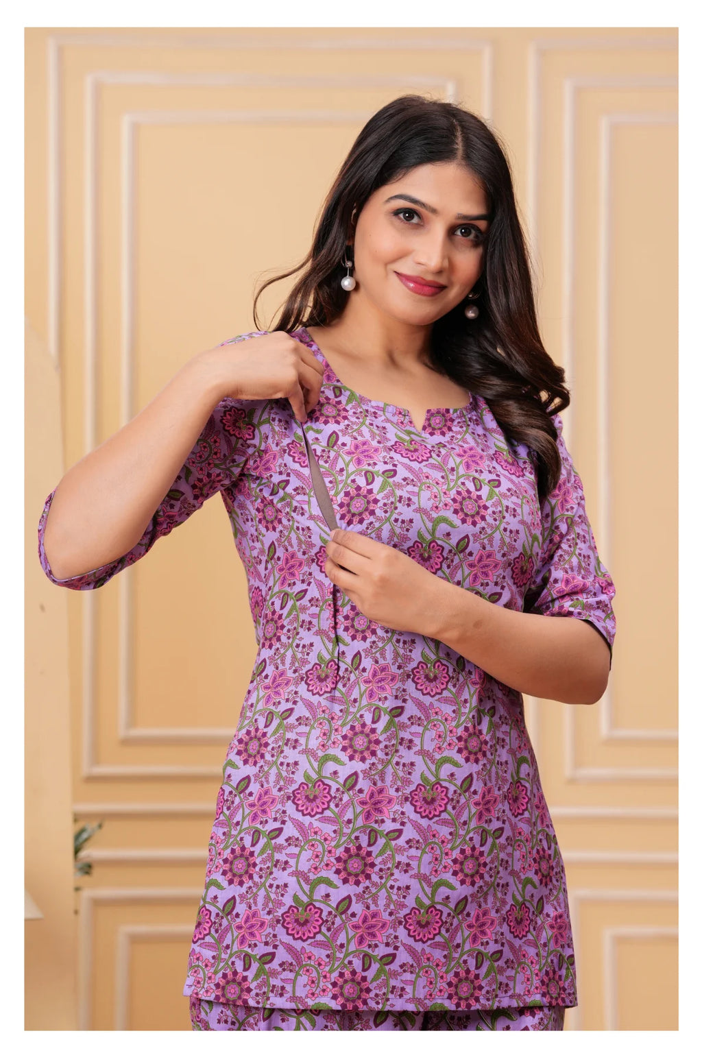 Women’s Maternity Feeding Cord Set | Floral Printed Nursing Co-Ord Set (Purple)