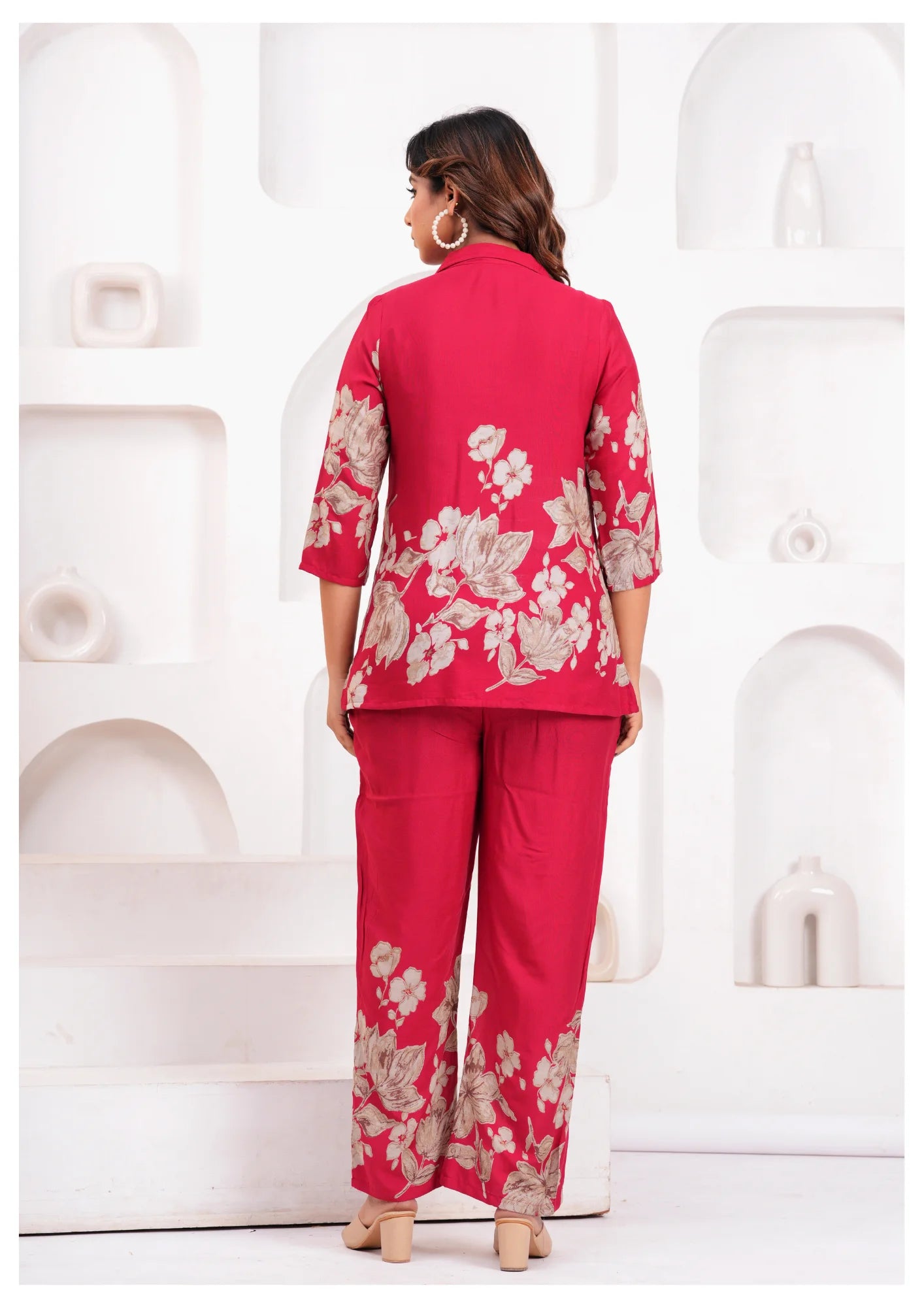 Women’s Pink Floral Printed Rayon Co-Ord Set – Shirt Style Top & Straight Pants