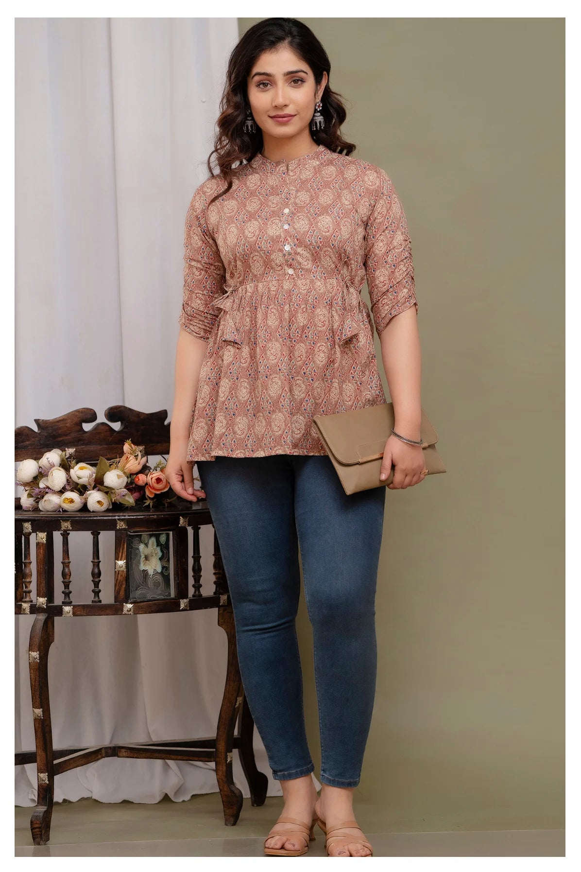 Stylish Brown Cotton Printed Top with Gathered Waist & Button Front