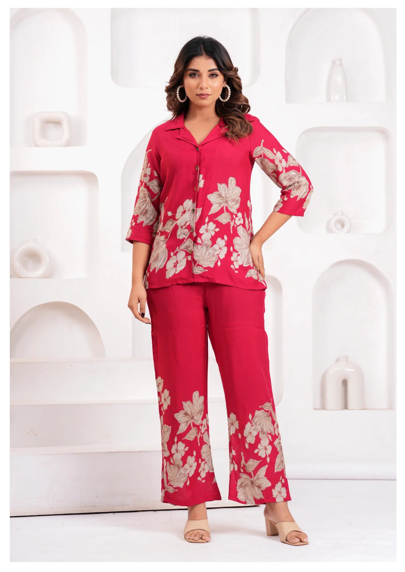 Women’s Pink Floral Printed Rayon Co-Ord Set – Shirt Style Top & Straight Pants