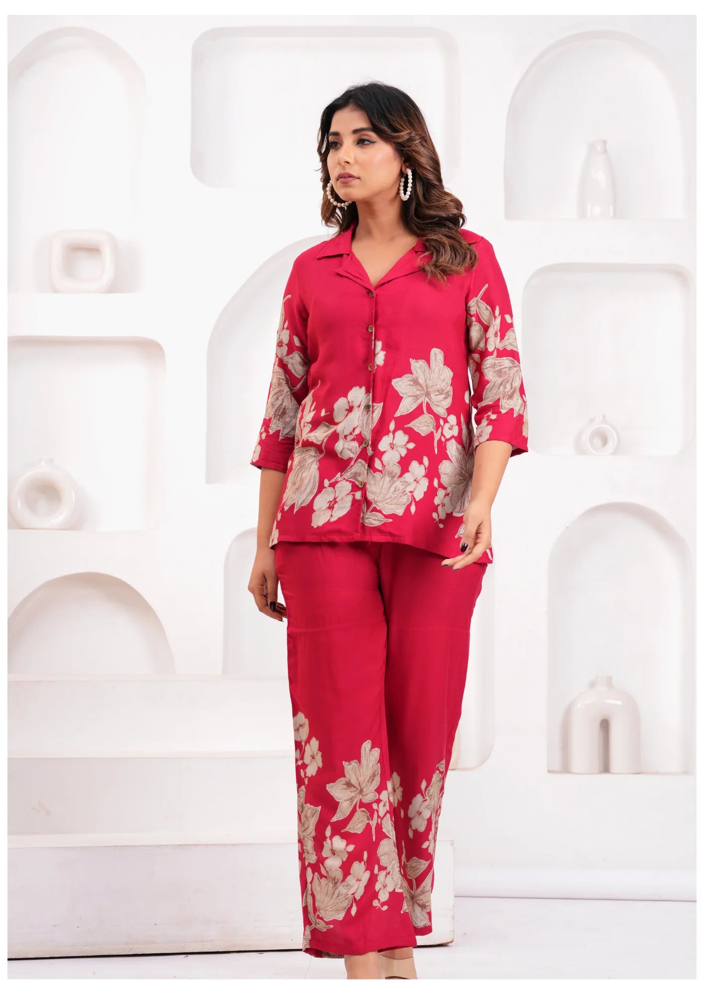 Women’s Pink Floral Printed Rayon Co-Ord Set – Shirt Style Top & Straight Pants
