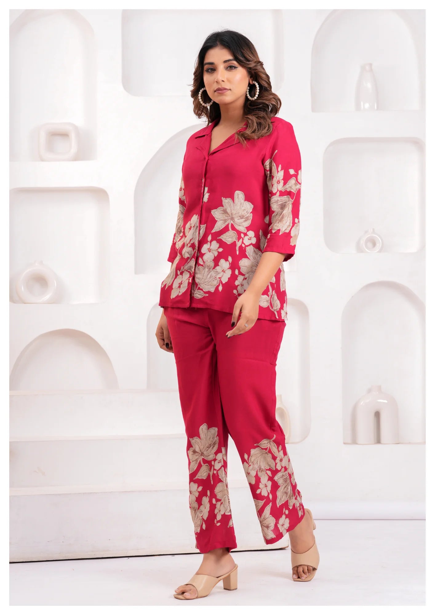 Women’s Pink Floral Printed Rayon Co-Ord Set – Shirt Style Top & Straight Pants