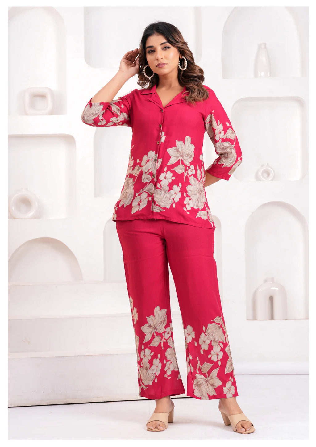 Women’s Pink Floral Printed Rayon Co-Ord Set – Shirt Style Top & Straight Pants