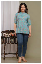"Casual Printed Cotton Short Kurti Top with Button Front – Blue"