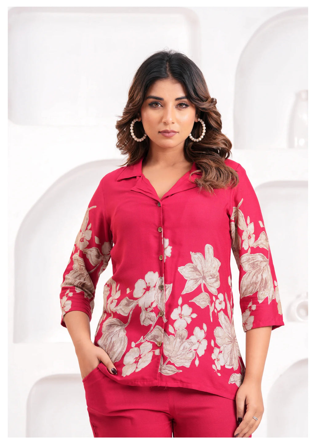 Women’s Pink Floral Printed Rayon Co-Ord Set – Shirt Style Top & Straight Pants