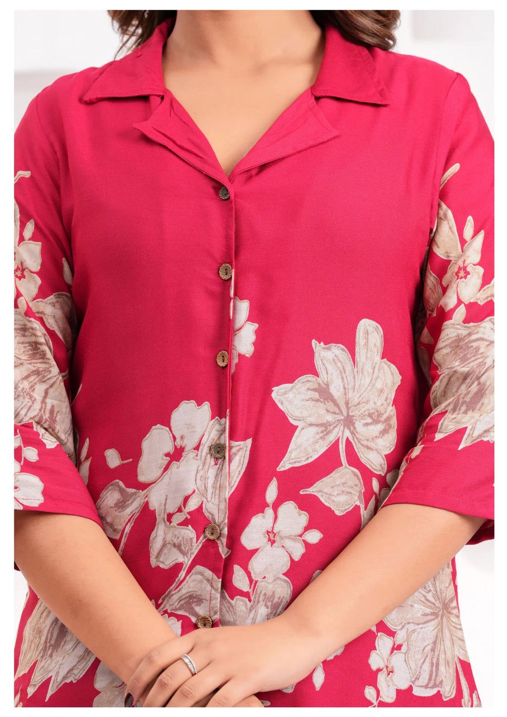 Women’s Pink Floral Printed Rayon Co-Ord Set – Shirt Style Top & Straight Pants