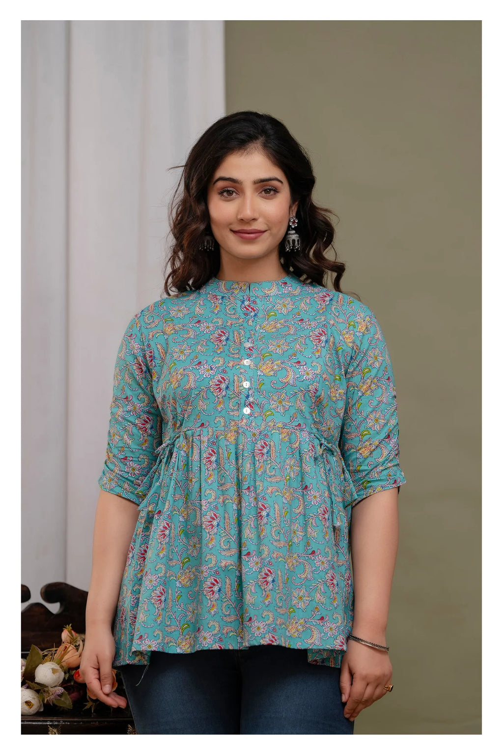"Casual Printed Cotton Short Kurti Top with Button Front – Blue"