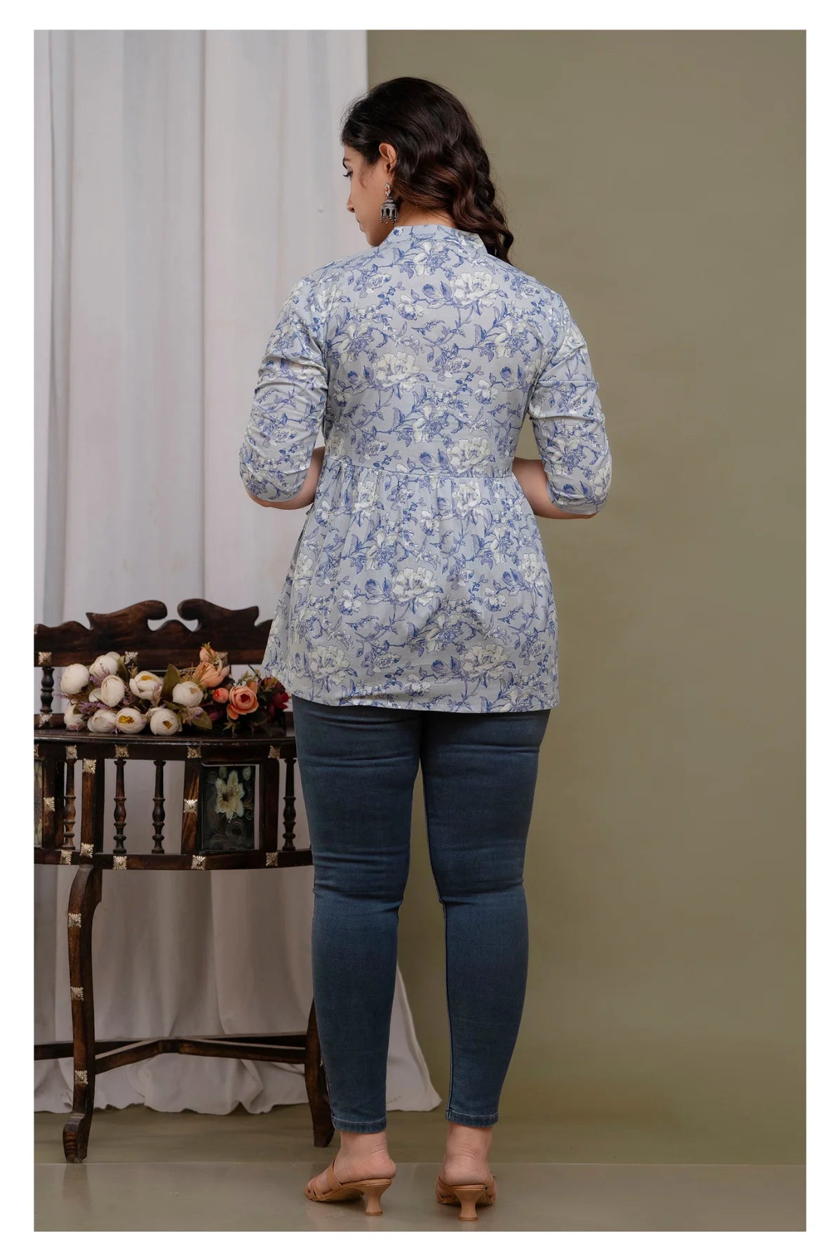"Floral Print Cotton Peplum Short Kurti for Women – Light Blue"
