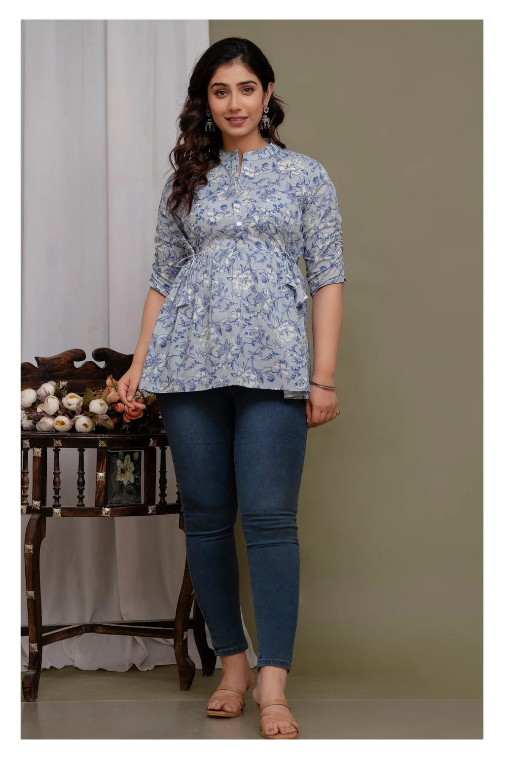 "Floral Print Cotton Peplum Short Kurti for Women – Light Blue"