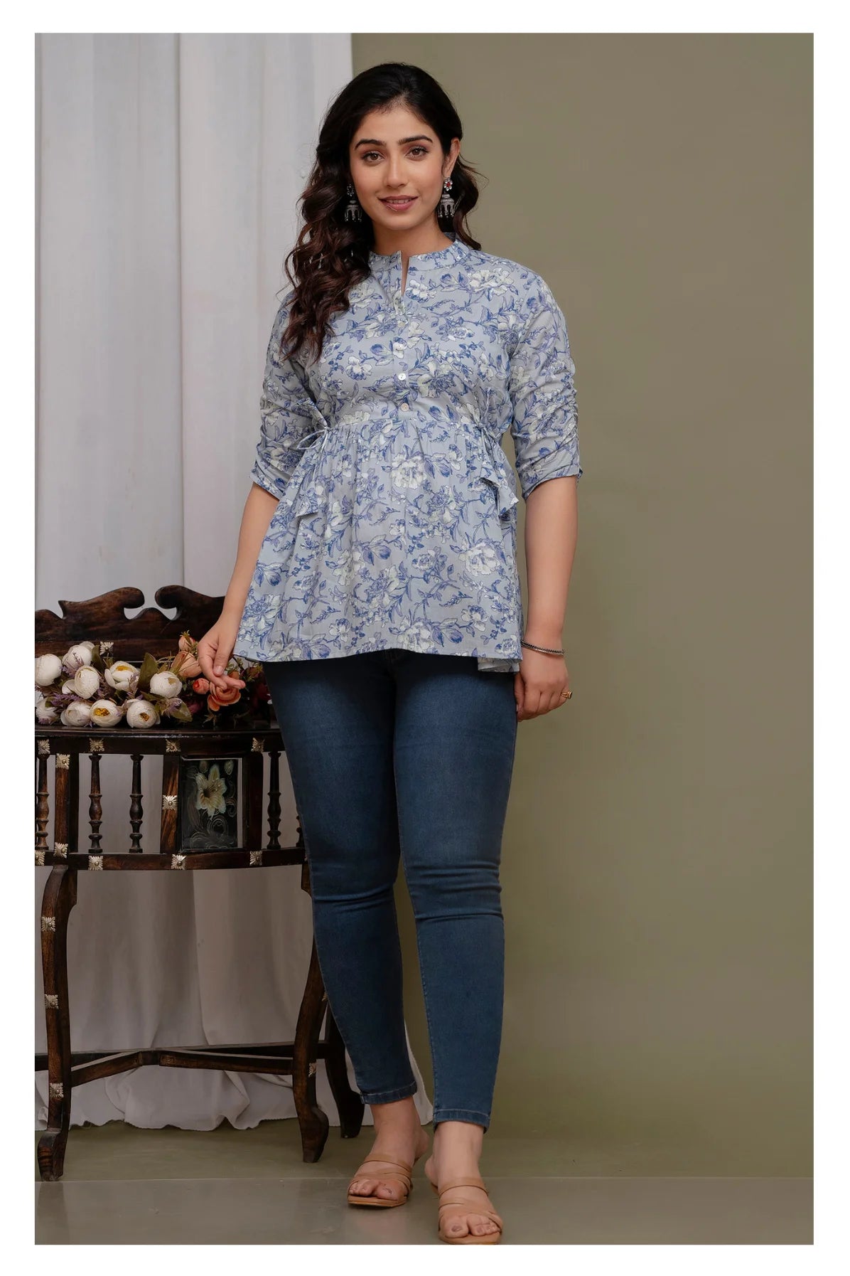 "Floral Print Cotton Peplum Short Kurti for Women – Light Blue"