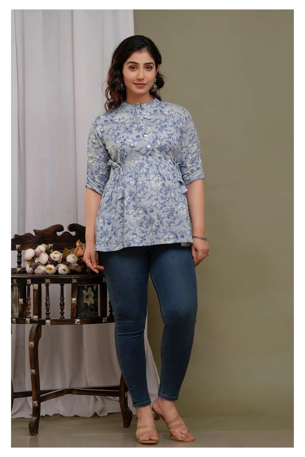 "Floral Print Cotton Peplum Short Kurti for Women – Light Blue"