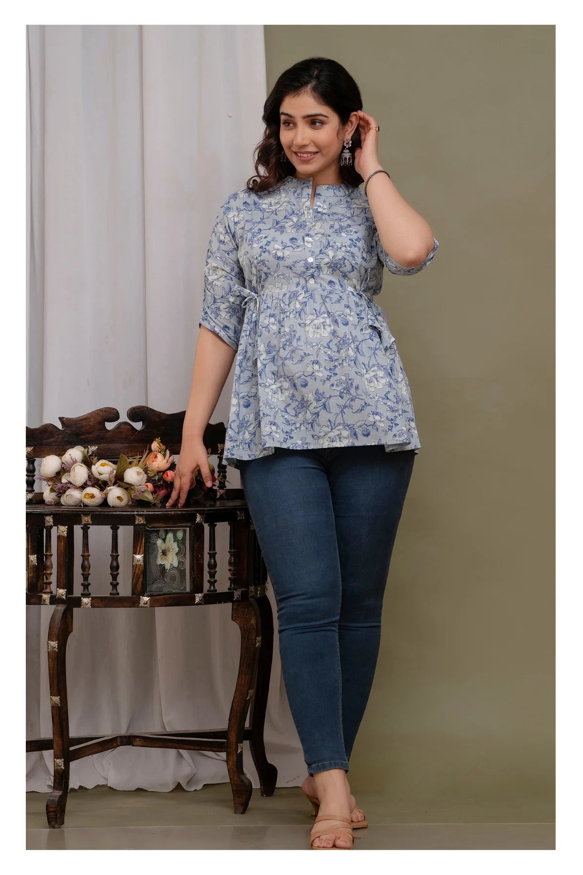 "Floral Print Cotton Peplum Short Kurti for Women – Light Blue"