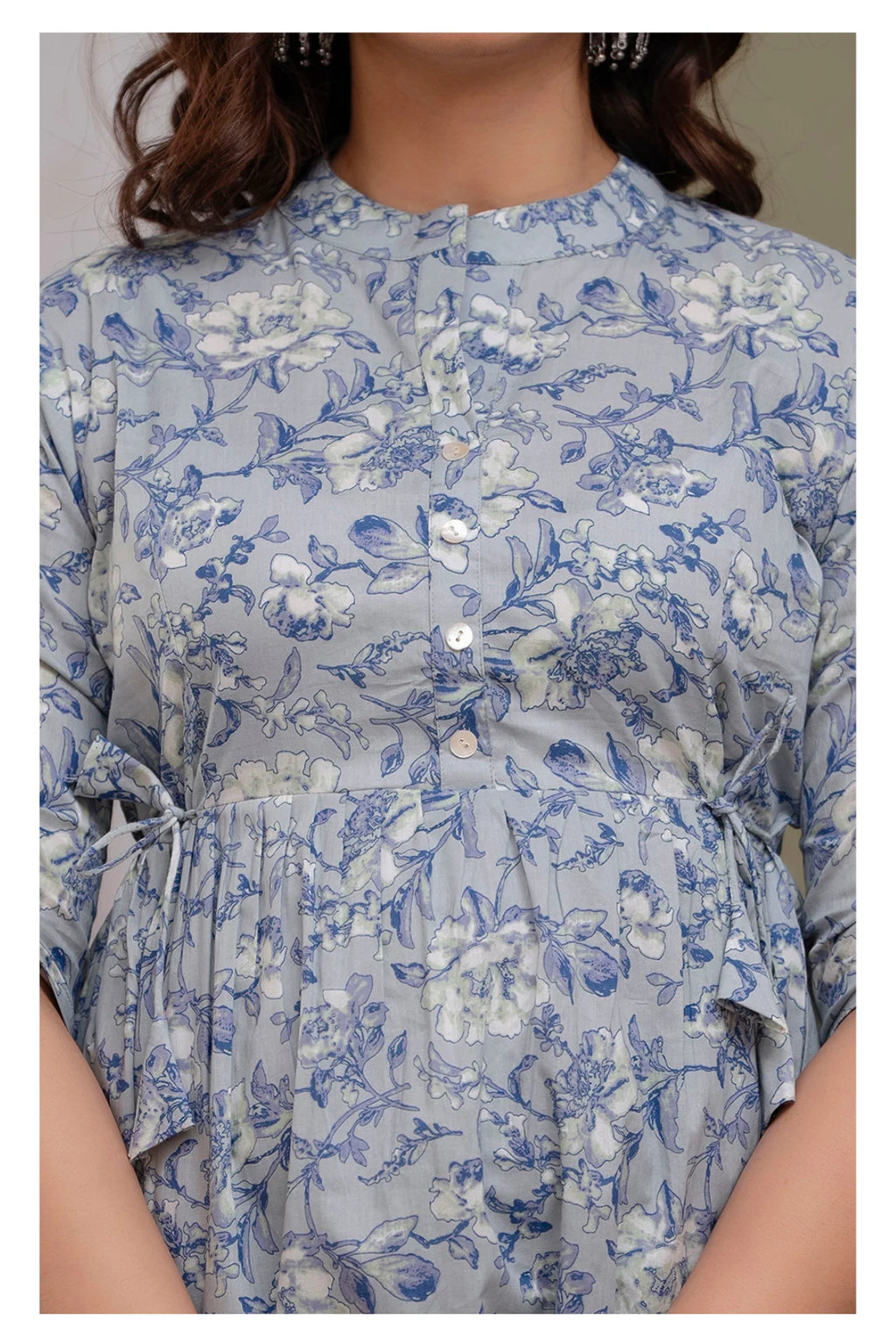 "Floral Print Cotton Peplum Short Kurti for Women – Light Blue"