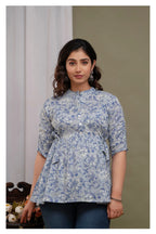 "Floral Print Cotton Peplum Short Kurti for Women – Light Blue"