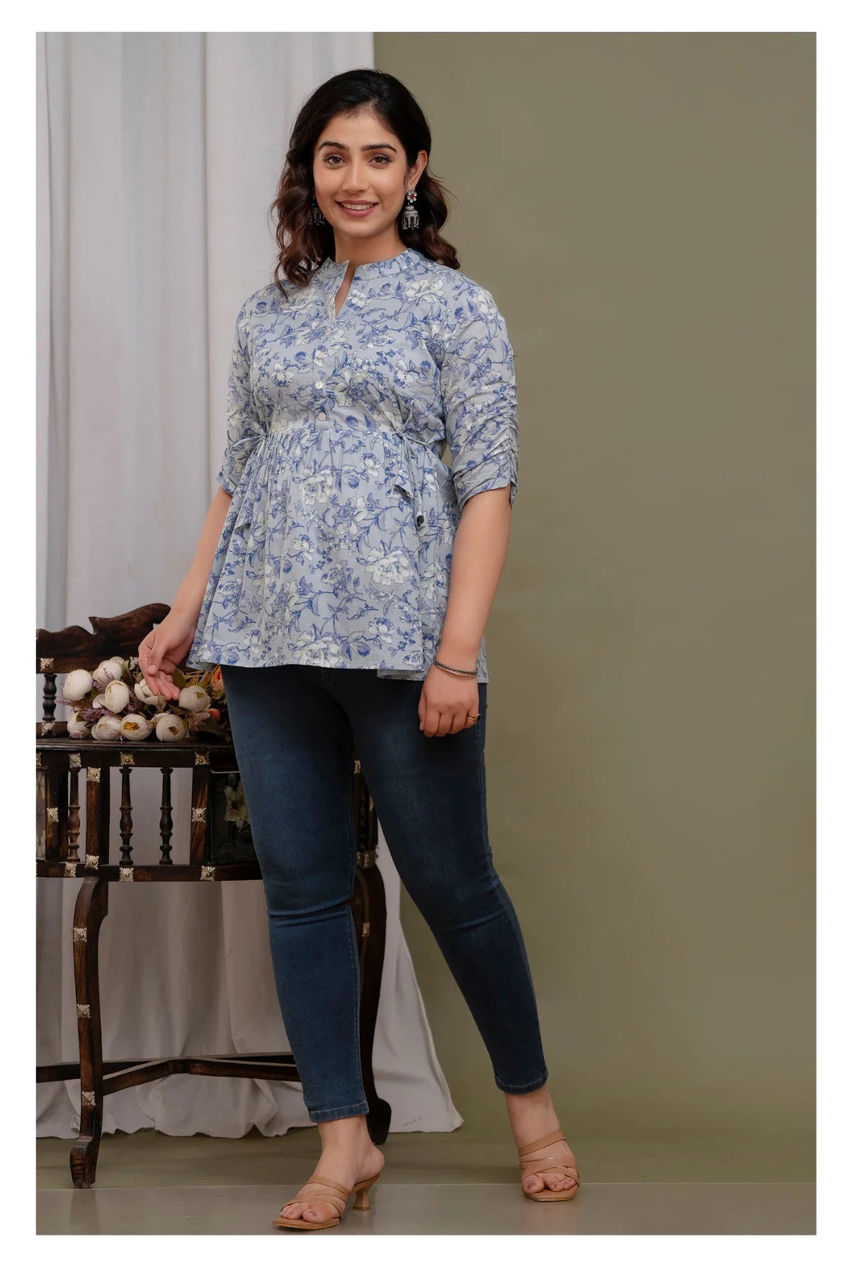 "Floral Print Cotton Peplum Short Kurti for Women – Light Blue"