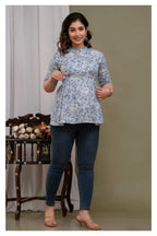 "Floral Print Cotton Peplum Short Kurti for Women – Light Blue"