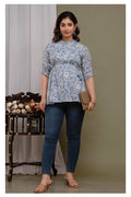 "Floral Print Cotton Peplum Short Kurti for Women – Light Blue"