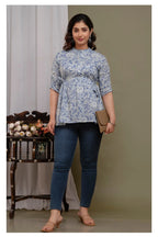 "Floral Print Cotton Peplum Short Kurti for Women – Light Blue"