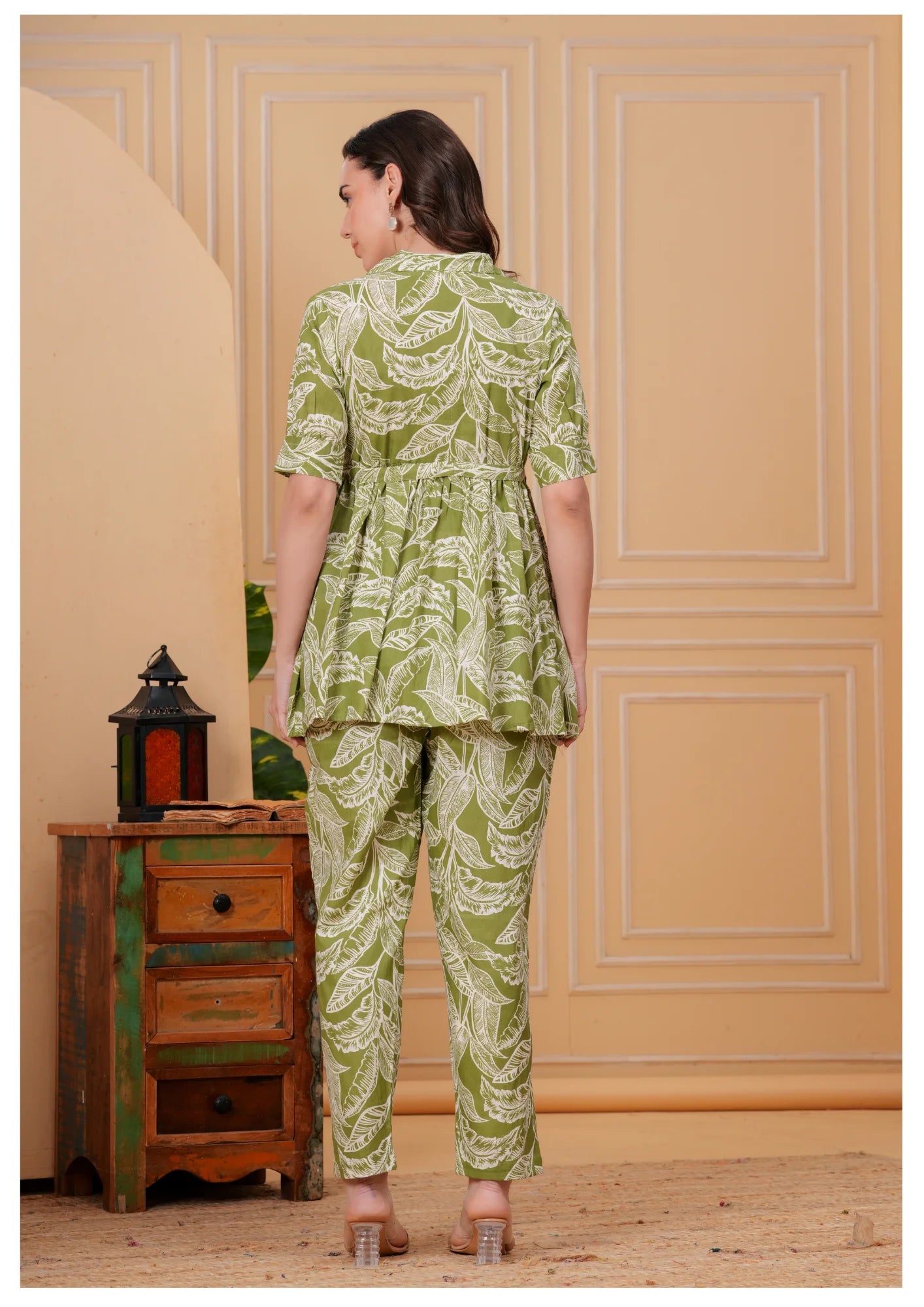 Olive Green Floral Printed Cotton Co-Ord Set for Women