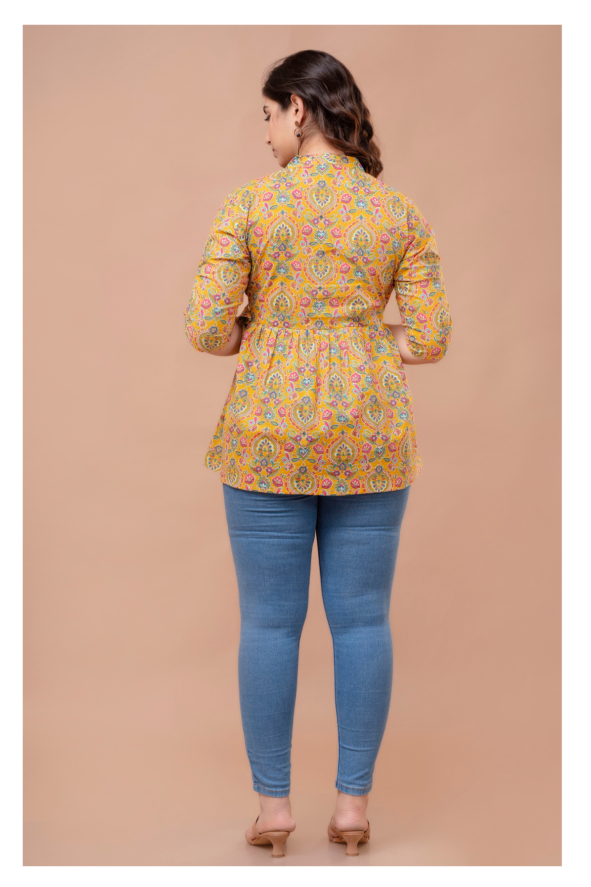 Mustard Floral Cotton Peplum Top for Women
