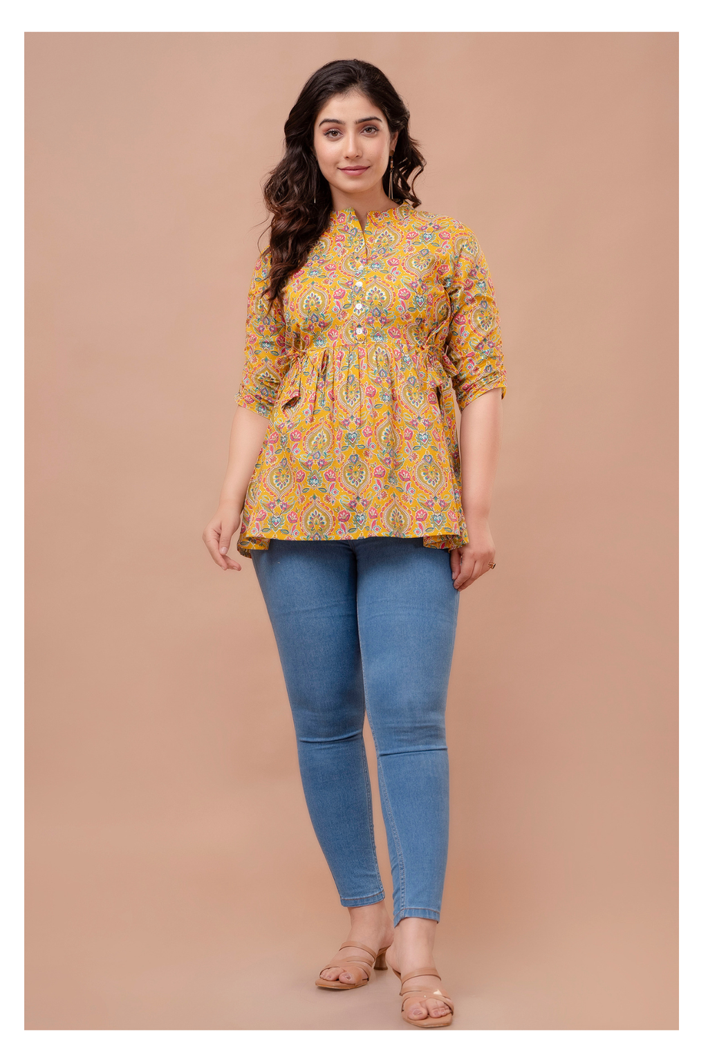 Mustard Floral Cotton Peplum Top for Women
