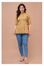 Mustard Floral Cotton Peplum Top for Women