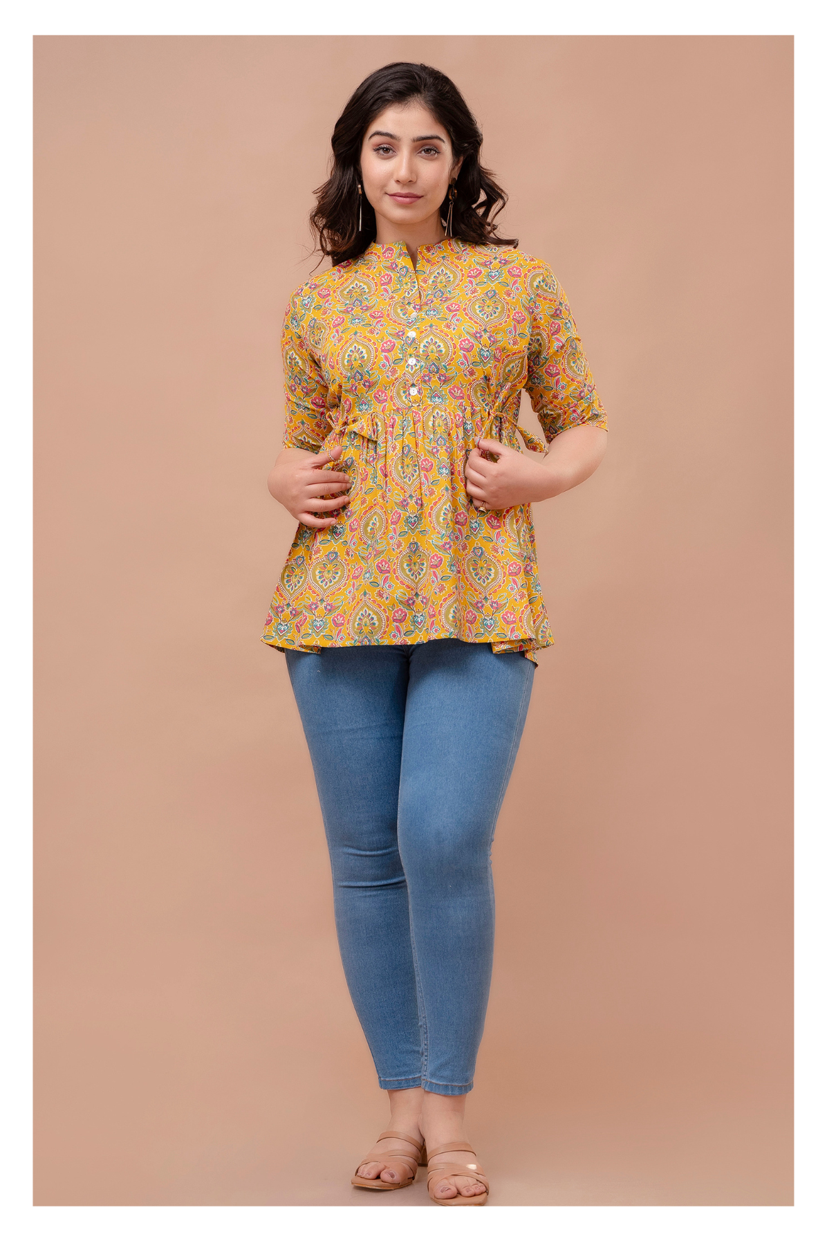 Mustard Floral Cotton Peplum Top for Women