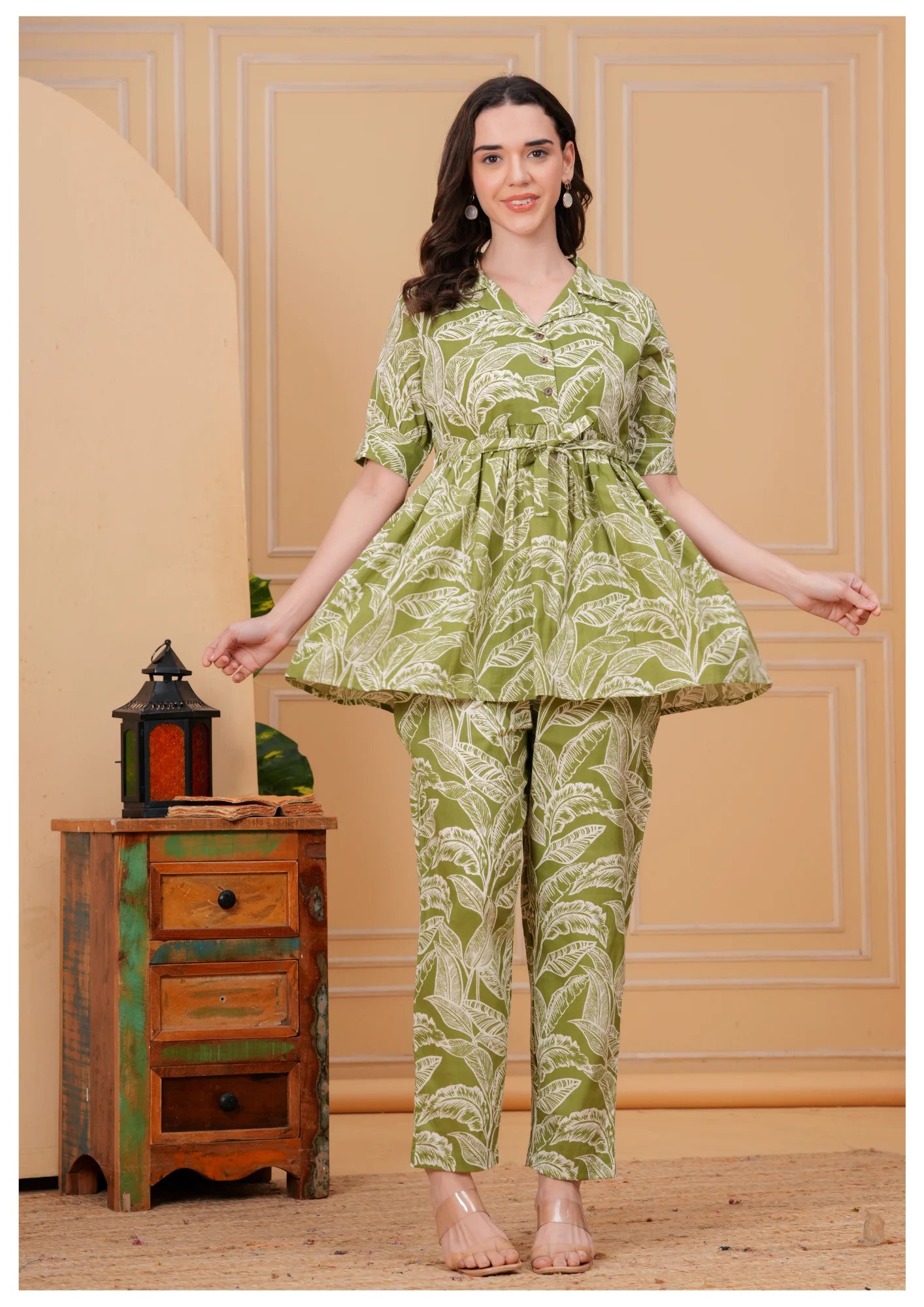 Olive Green Floral Printed Cotton Co-Ord Set for Women