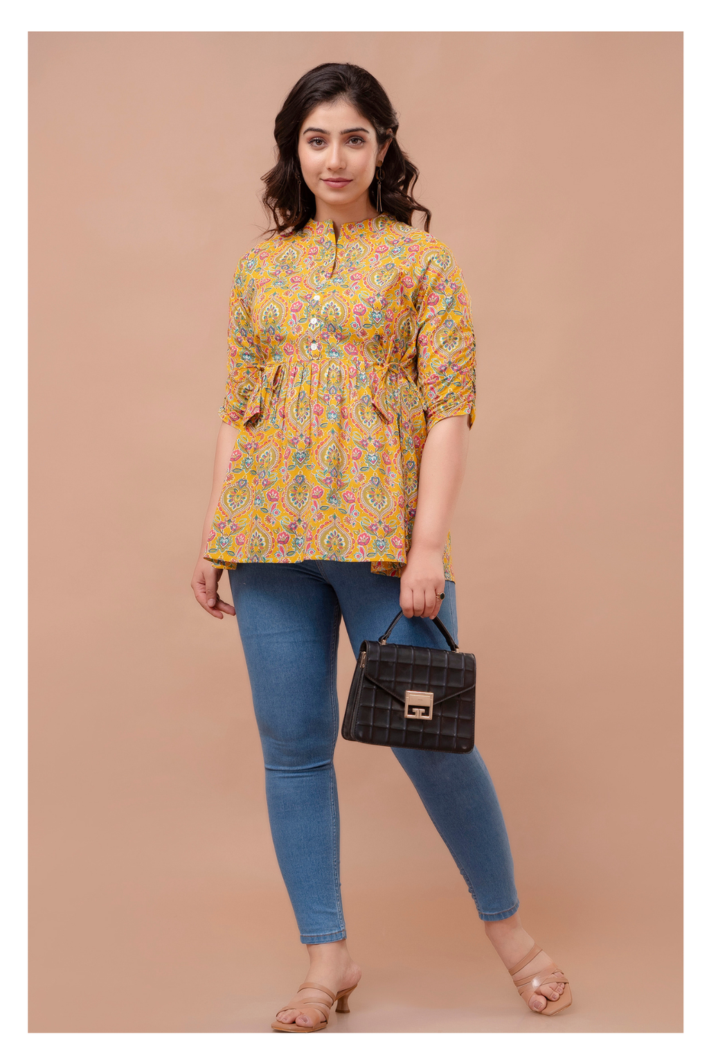 Mustard Floral Cotton Peplum Top for Women