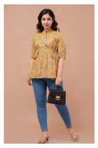 Mustard Floral Cotton Peplum Top for Women