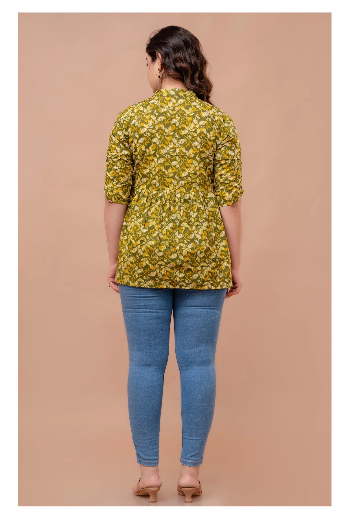 Olive Yellow Floral Cotton Peplum Top for Women