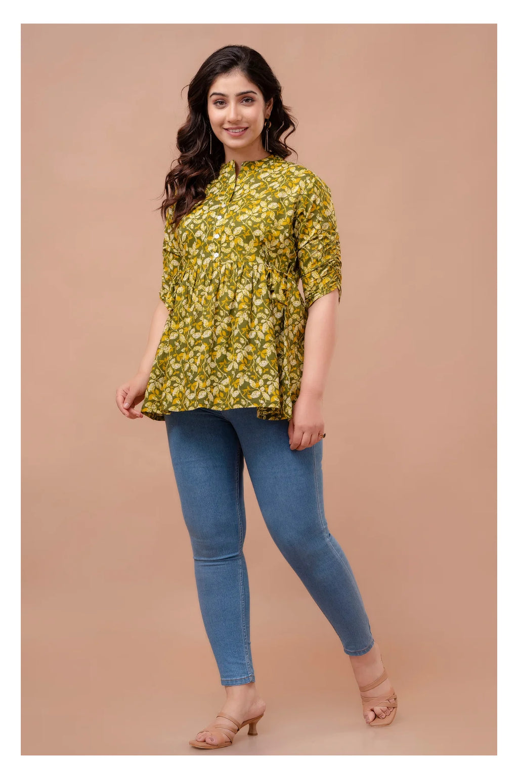 Olive Yellow Floral Cotton Peplum Top for Women