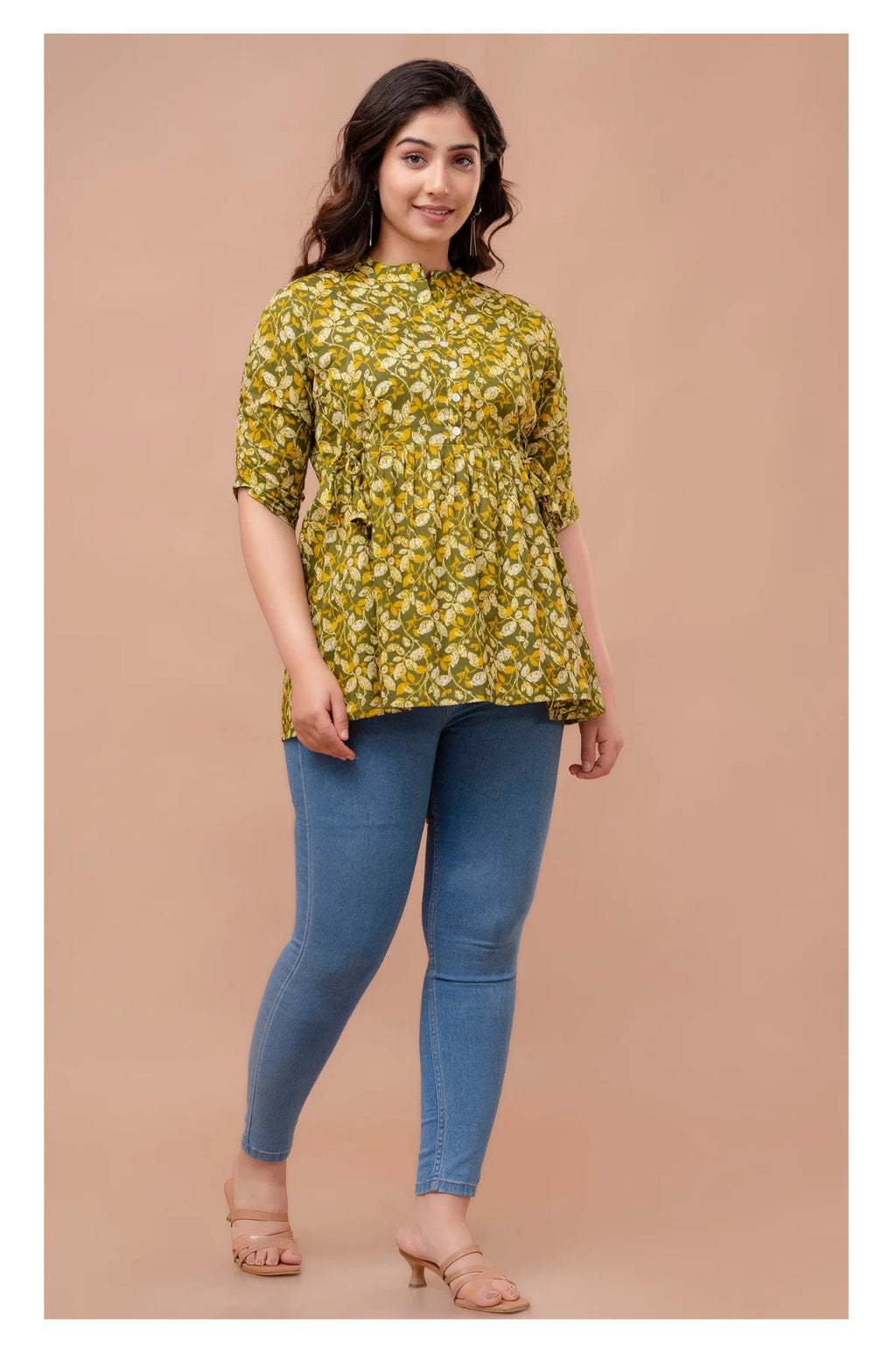 Olive Yellow Floral Cotton Peplum Top for Women