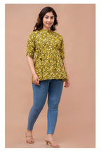 Olive Yellow Floral Cotton Peplum Top for Women