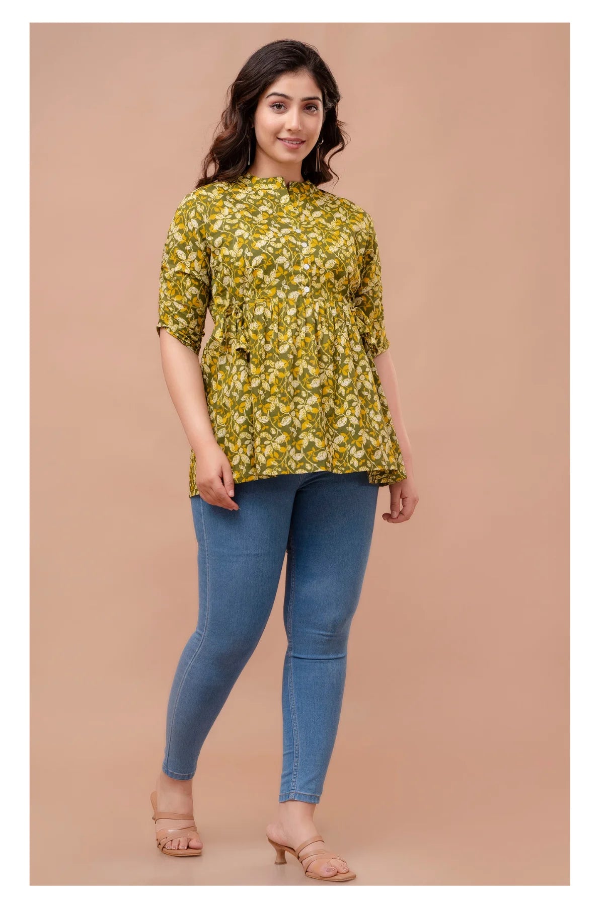 Olive Yellow Floral Cotton Peplum Top for Women