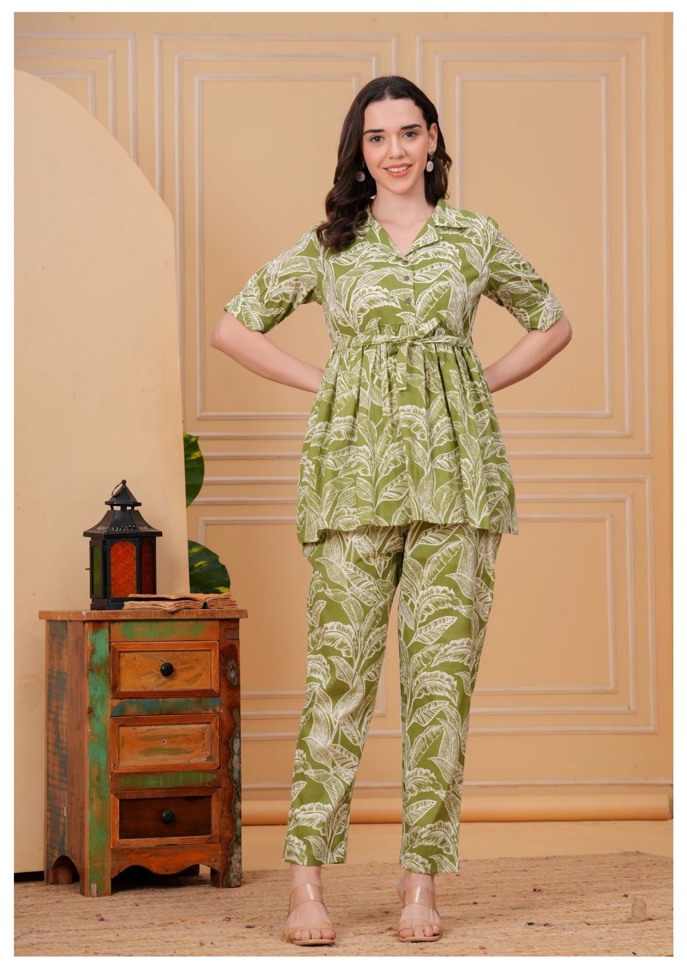 Olive Green Floral Printed Cotton Co-Ord Set for Women