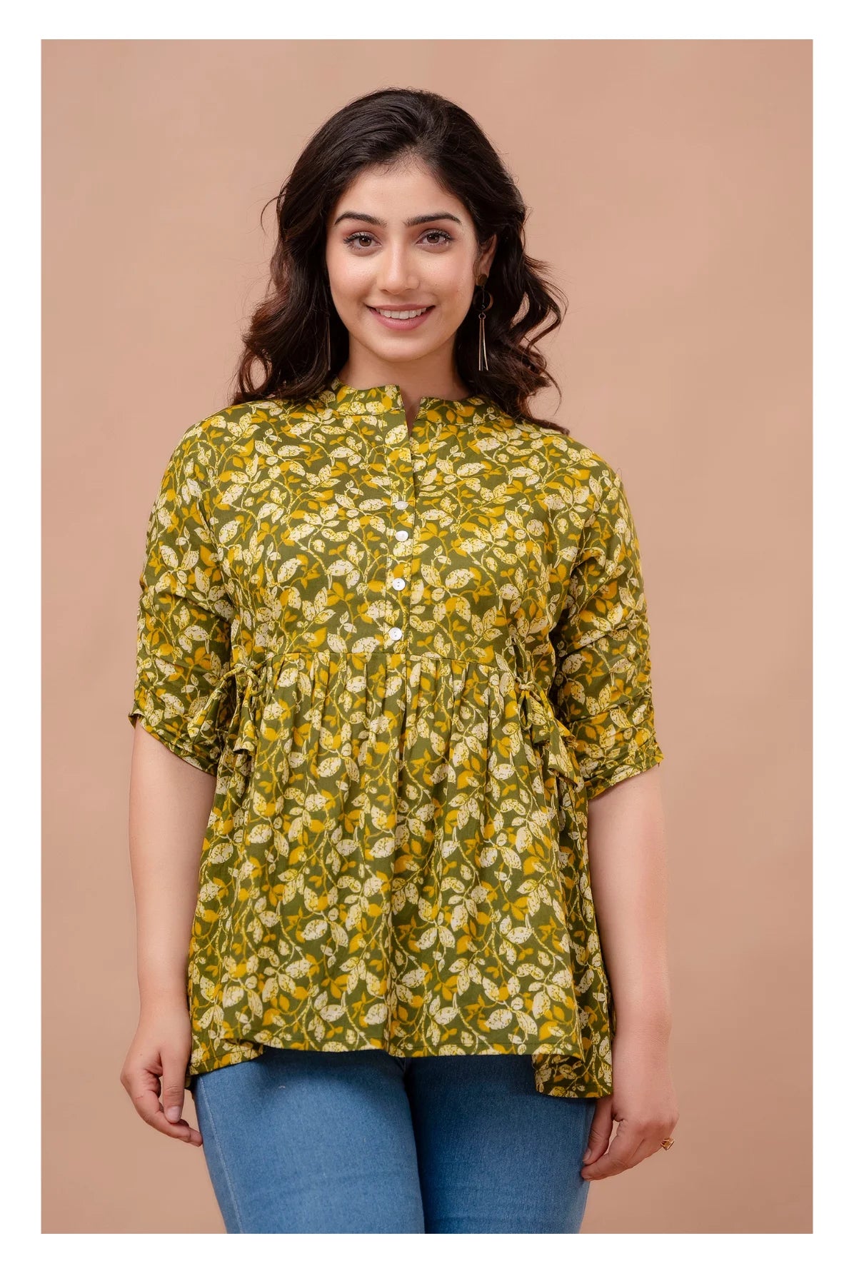 Olive Yellow Floral Cotton Peplum Top for Women