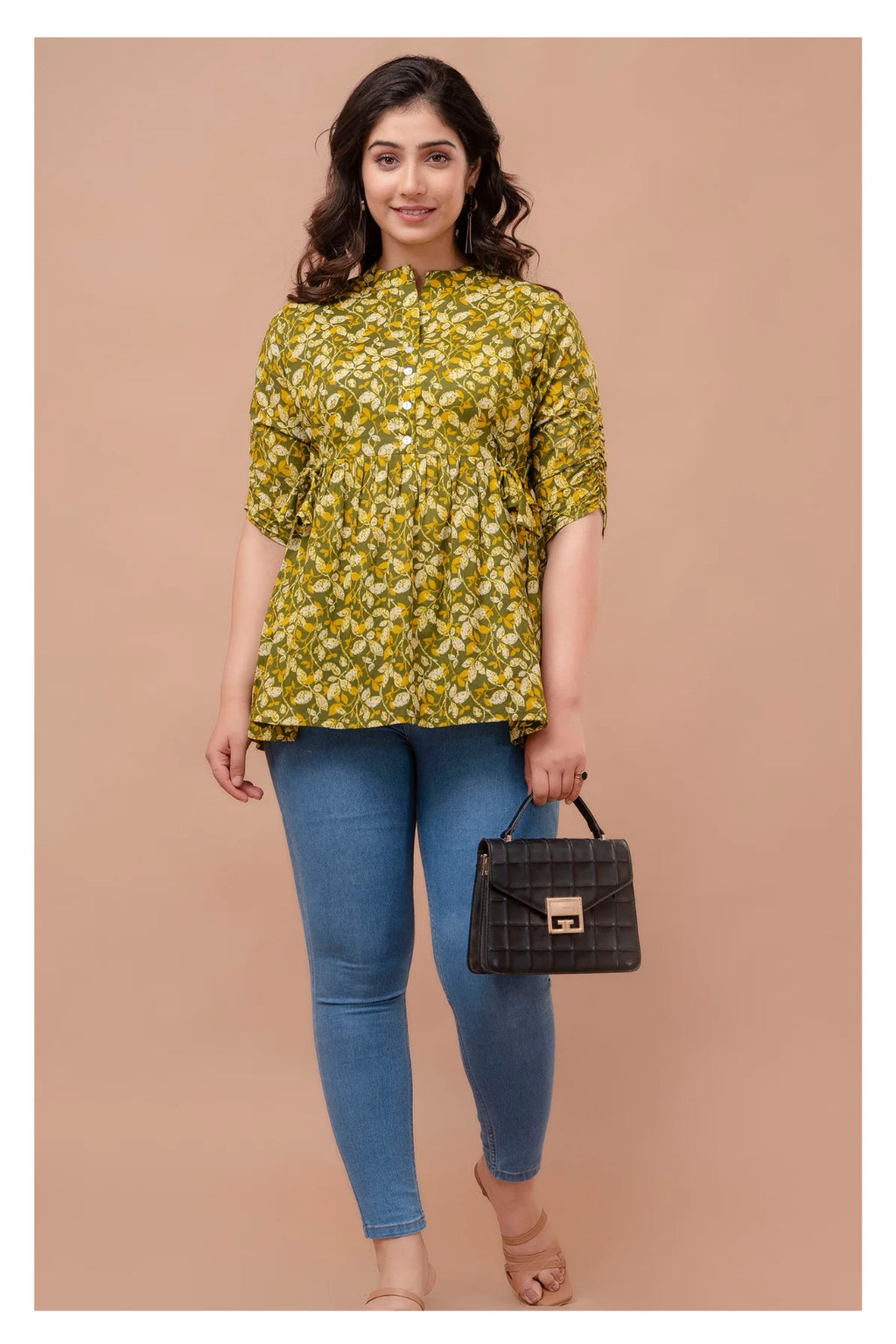 Olive Yellow Floral Cotton Peplum Top for Women