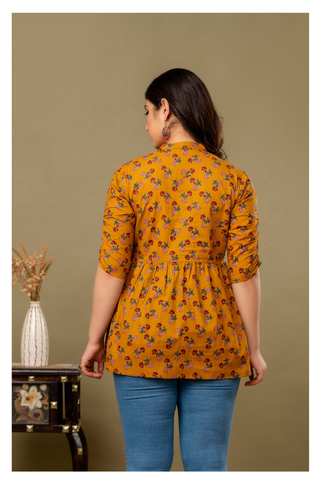 Yellow Printed Cotton Peplum Top for Women – Stylish & Comfortable Fit