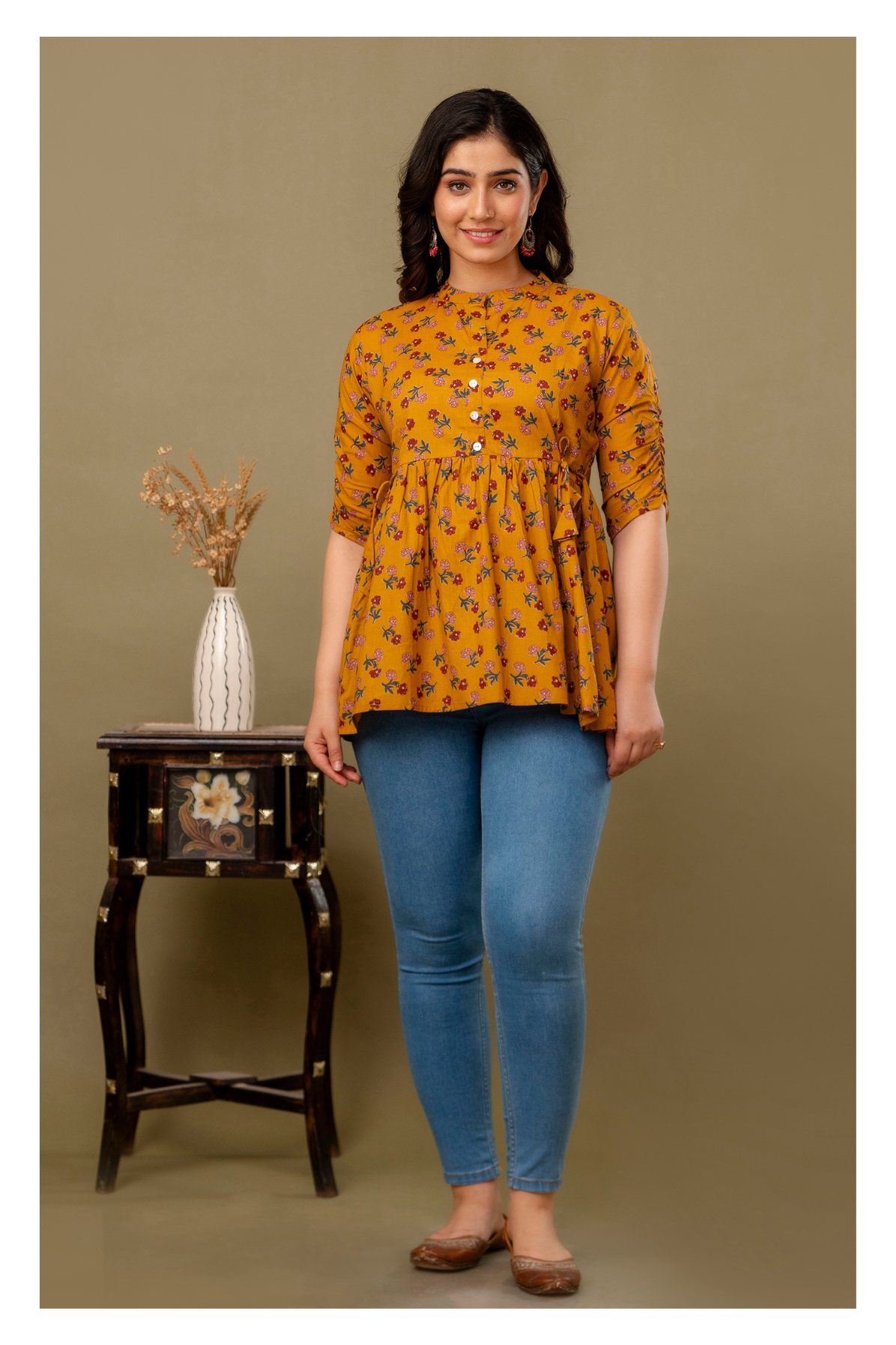 Yellow Printed Cotton Peplum Top for Women – Stylish & Comfortable Fit