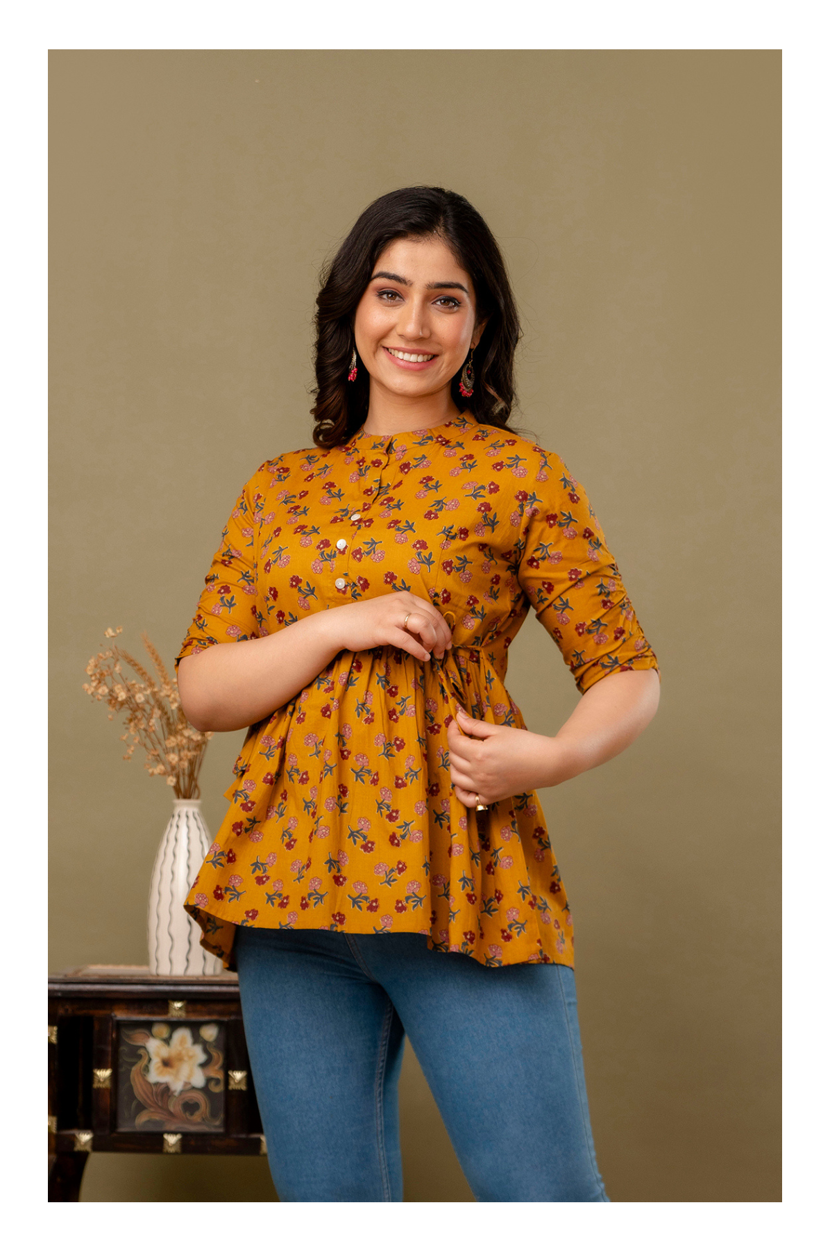 Yellow Printed Cotton Peplum Top for Women – Stylish & Comfortable Fit