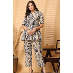"Beige & Navy Abstract Printed Co-ord Set for Women – Stylish Shirt Top with Pants"