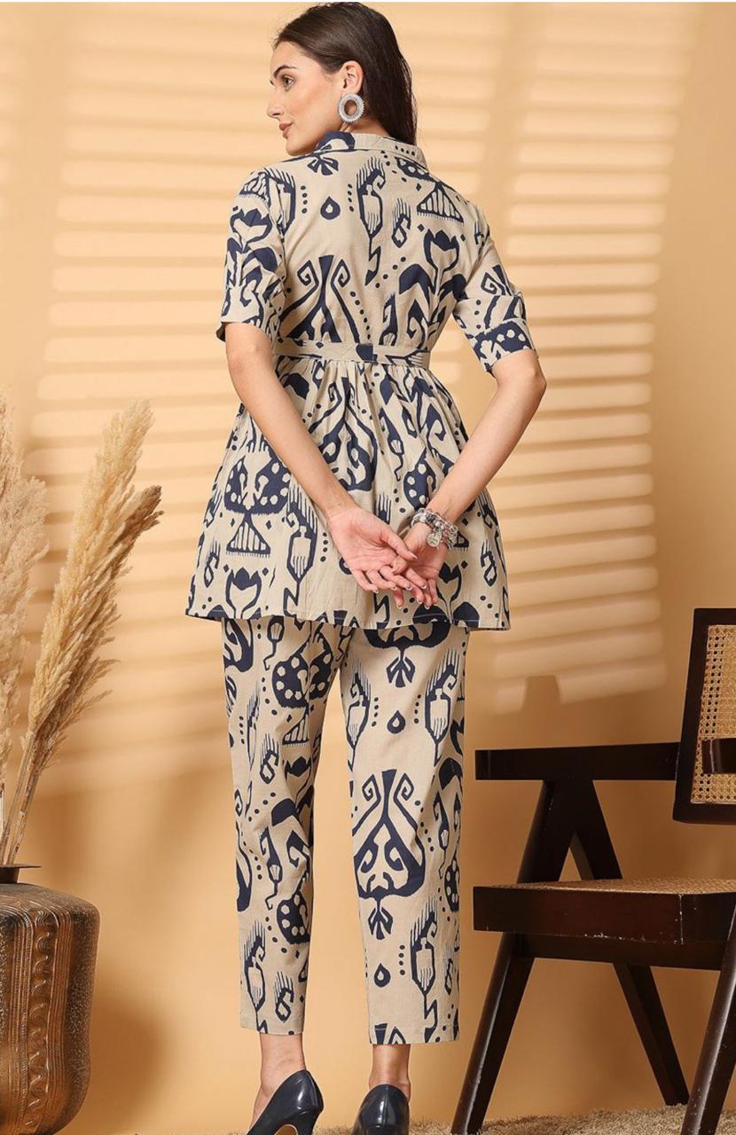 "Beige & Navy Abstract Printed Co-ord Set for Women – Stylish Shirt Top with Pants"