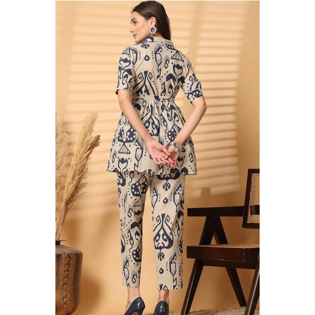 "Beige & Navy Abstract Printed Co-ord Set for Women – Stylish Shirt Top with Pants"